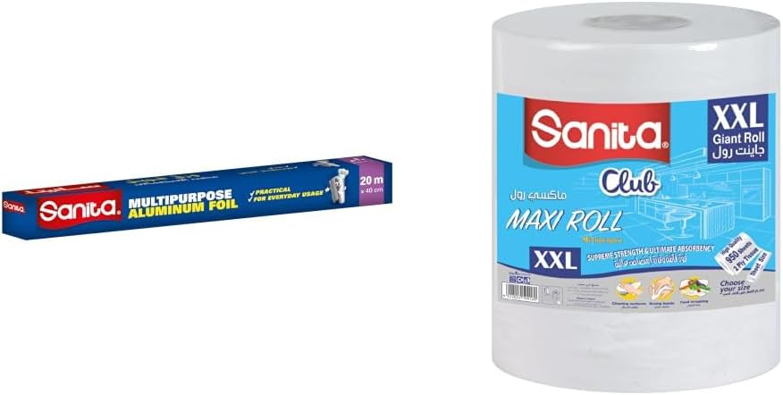 سعر ومواصفات لفة ورق الومنيوم متعددة الاغراض بطول 20 متر + لفة سانيتا Club Maxi مقاس XXL (B0HN4RJMJH) على Amazon EG