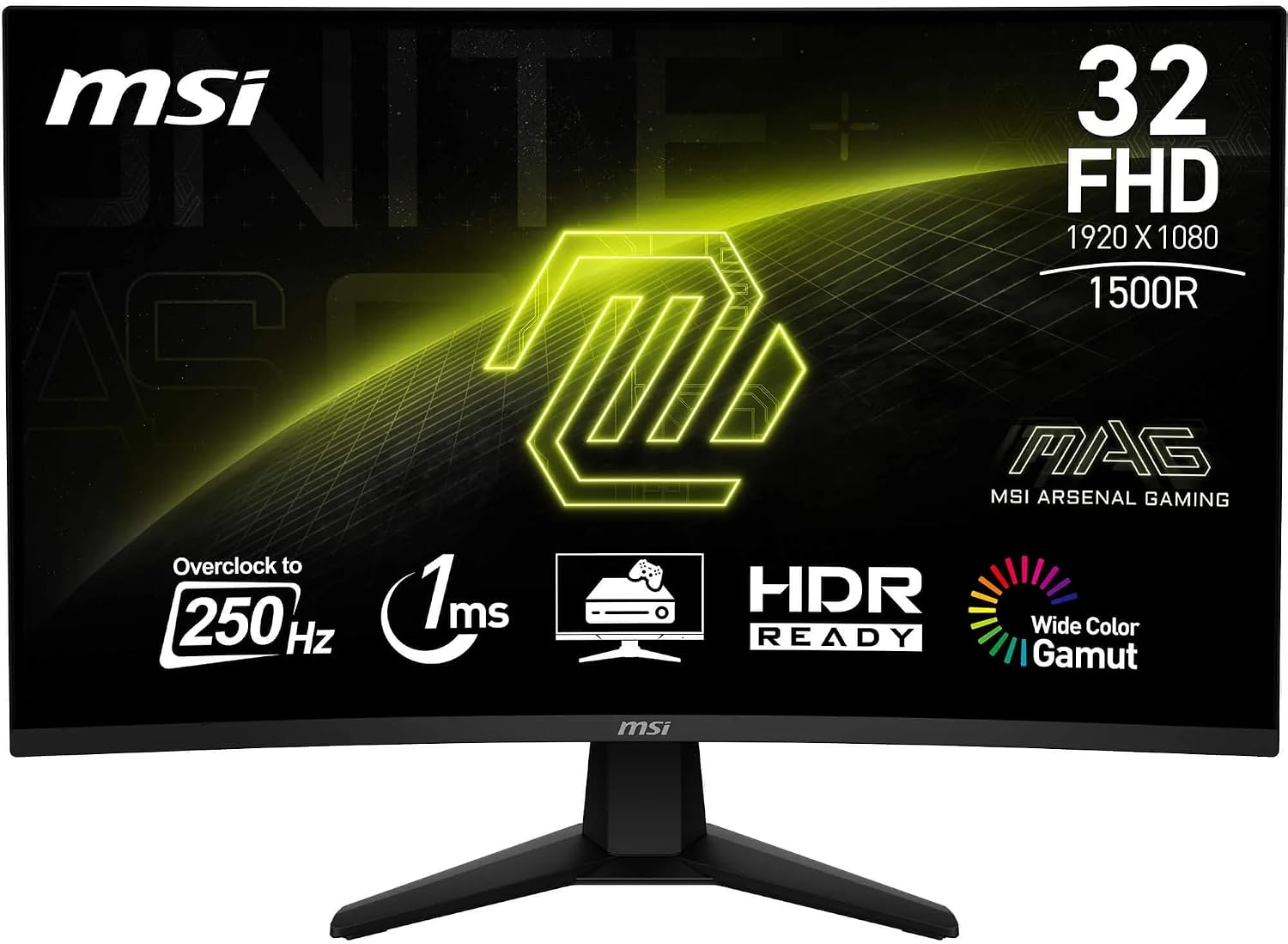 سعر ومواصفات شاشة ألعاب منحنية ماج 32C6X 32 بوصة FHD انحناء 1500R دقة 1920×1080، لوحة بتقنية التراصف الرأسي واستجابة 250 مللي ثانية، مزامنة تكيفية مع منفذ العرض دي بي 1.14a وHDMI 2.20b وميزة سي اي سي من ام اس اي (B0D4F2L3FF) على Amazon EG