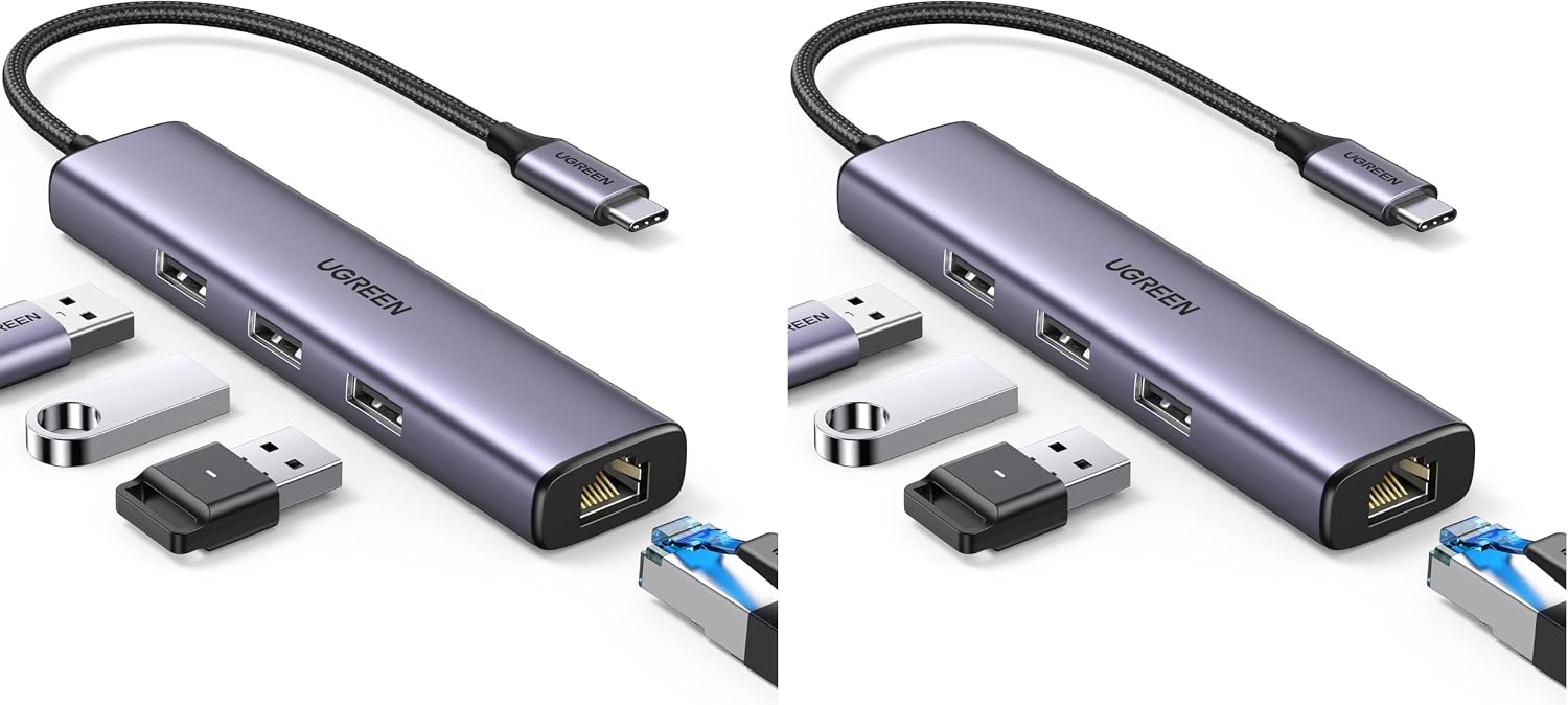 سعر ومواصفات يوجرين محول USB C الى ايثرنت، موزع ايثرنت 4 في 1 USB C مع 3 منافذ USB 3.0 / جيجابت Rj45، التوصيل والتشغيل، ثاندربولت (3/4) الى محول شبكة لماك بوك برو/اير، اكس بي اس، ايباد برو، ايفون - 60600 (B0HLF12N58) على Amazon EG